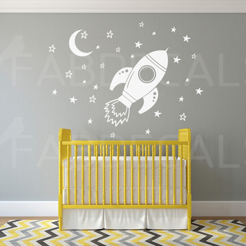Rocket Wall Decal With Moon and Stars Kids Wall Decor Outer Etsy