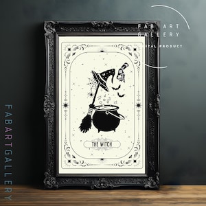 May include: Black and white illustration of a witch with a cauldron, broom, and hat. The text "THE WITCH" is below the image.