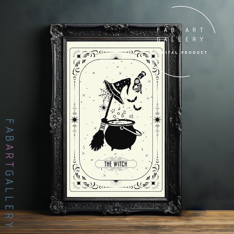 May include: Black and white illustration of a witch with a cauldron, broom, and hat. The text "THE WITCH" is below the image.