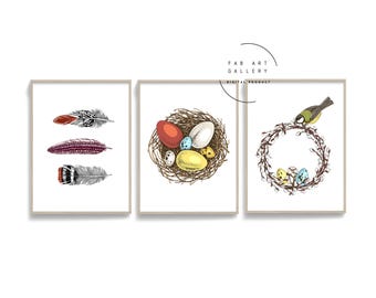 Set Of 3 Easter Posters, Living Room Wall Art, Entryway Wall Print, Nest With Eggs Print, Feathers Poster, Spring Decoration - ID01 112 S3