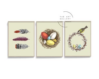 Set Of 3 Easter Posters, Spring Decoration, Living Room Wall Art, Entryway Wall Print, Nest With Eggs Print, Feathers Poster - ID04 112 S3