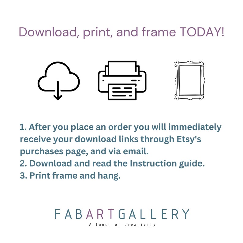 Pu&ograve; includere: Scarica, stampa e incornicia OGGI!  Istruzioni per le stampe d'arte digitali: Dopo aver effettuato un ordine, riceverai immediatamente i tuoi link di download tramite la pagina degli acquisti di Etsy e via email. Scarica e leggi la guida alle istruzioni. Stampa, incornicia e appendi.