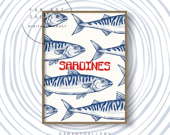 Sardines Print, Kitchen Wall Art, Dining Room Decor, Coffee Shop Poster, Blue Digital Art, Fish Poster, Coastal Home Decor - ID01 07
