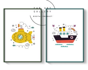 Sea Transport Posters, Set Of 2 Prints, Ship And Yellow Submarine, Nursery Decor, Boy's Room Art, Digital Download, Toddler Room ID05 13 S2