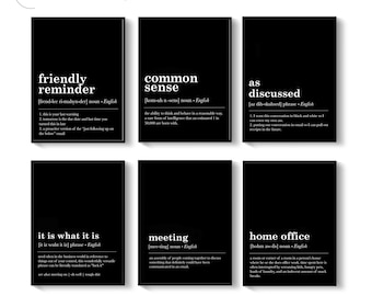 Funny Definition Posters, Set Of 6 Home Office Prints, Black And White Printable Typography, Office Gallery Wall, Digital Download ID3 12 S6