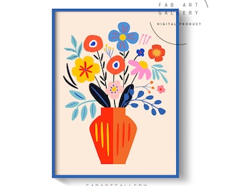 Vase of Flowers Colorful Poster, Spring Decor, Living Room Wall Art, Entryway Print, Floral Wall Decor, Instant Download Art - ID06 SE12