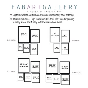 Pu&ograve; includere: Un grafico che mostra diverse dimensioni di stampa per download digitali di stampe d'arte. Il grafico &egrave; diviso in tre sezioni: rapporto 2:3, rapporto 4:5 e rapporto 3:4. Ogni sezione mostra le dimensioni della stampa in pollici e centimetri. Il grafico include anche i formati di carta standard A2, A3, A4 e A5.