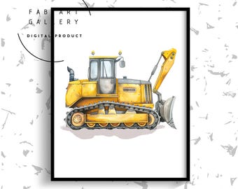 Bulldozer Wall Decor, Heavy Construction Equipment Watercolor Poster, Boy Room, Playroom Decor, Digital Download, Toddlers Room Art ID10 03