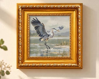 Great Blue Heron Oil Painting, Wings Spread Over Marsh Water, Coastal Bird and Wetland Wall Art, Peaceful Home Decor, Gift for Bird Lovers