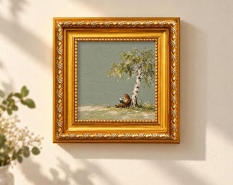 Reading Bear Oil Painting, Brown Bear with Book Beneath a Birch Tree, Sage Green Woodland Wall Art, Cozy Reading Nook Decor, Book Lover Gift