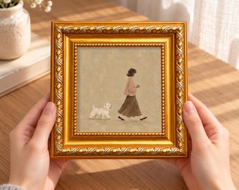 Woman Walking a White Dog Oil Painting, Quiet Companionship on Warm Beige, Minimal Figurative Wall Art, Cozy Home Decor, Gift for Dog Lovers