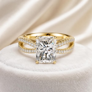 1.20ct. Radiant Cut Engagement Ring, Split Shank Diamond Ring, Yellow Gold Bridal Ring, Pavé Diamond Promise Ring, Luxury Ring for Her