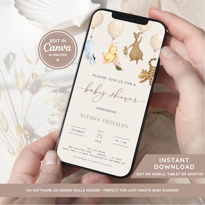 May include: A smartphone displays a baby shower invitation with Winnie the Pooh characters and balloons. The invitation reads "Please join us for a baby shower" and includes the honoree's name, date, and time. The image also includes the text "Instant Download".
