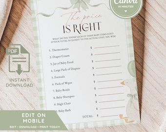 May include: A printable baby shower game card with a green and white gingham border. The text "The Price is Right" is at the top, with a list of baby items to guess the cost. Includes a Canva edit option and instant download.