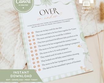 May include: A printable baby shower game card with a green and white gingham border. The card features the text "Over or Under?" and a list of statements about the parents-to-be. Includes the text "Instant Download" and "Edit in Canva".