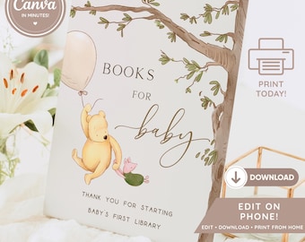 Classic Winnie the Pooh Books for Baby Sign Editable Canva Template Printable Baby Shower Table Sign Pooh Baby Decor Instant Download O3