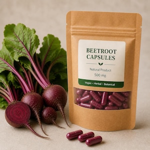 Op de afbeelding: Een bruine verpakking met bieten capsules, met de tekst "BEETROOT CAPSULES" en "Natural Product 500 mg". Naast de verpakking liggen verse bieten met groene bladeren en een doorgesneden biet, die hun dieprode kleur laten zien.
