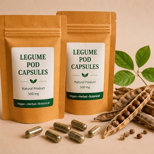 Puede incluir: Dos bolsas de papel kraft marrón etiquetadas como Legume Pod Capsules, Natural Product, 500 mg, Vegan, Herbal, Botanical. Varias cápsulas de color verde parduzco están esparcidas delante, junto a vainas de legumbres secas, semillas y hojas.