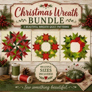 Peut inclure: Un ensemble de modèles de courtepointe Christmas Wreath Bundle avec trois blocs carrés aux motifs d'étoiles rouges et vertes. L'image affiche le texte Christmas Wreath BUNDLE, 3 BEAUTIFUL WREATH QUILT PATTERNS, MULTIPLE SIZES INCLUDED et Sew something beautiful.
