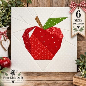 Könnte beinhalten: Ein quadratisches Quiltblock-Muster mit einem zentralen roten Apfel-Design aus verschiedenen roten Stoffmustern. Der Apfel hat ein grünes Blatt und einen braunen Stiel vor einem weißen Hintergrund mit dezenten Punkten. Ein Schild zeigt 6 SIZES INCLUDED.