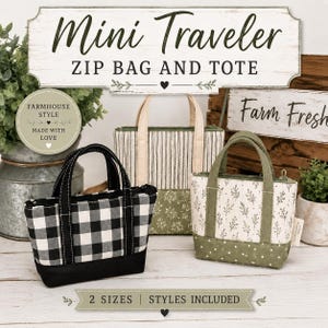 May include: Three mini traveler zip bags and totes in different patterns. One features a black and white buffalo check, one has vertical stripes with a green floral base, and one has a cream floral print with a green polka dot base.