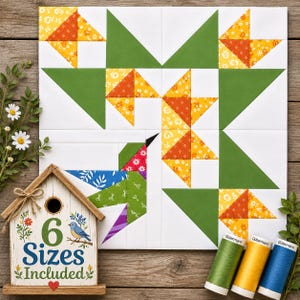 Könnte beinhalten: Ein quadratisches Quiltblock-Muster mit einem geometrischen Kolibri-Design aus grünen, gelben, orangen, blauen und weißen Stoffen. Ein hölzernes Vogelhaus-Schild zeigt den Text 6 Sizes Included, begleitet von drei Garnrollen in Grün, Gelb und Blau.