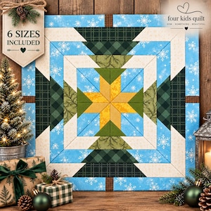 May include: A square quilt block featuring a central yellow star surrounded by green pine tree shapes and light blue fabric with white snowflake patterns. The design includes dark green plaid accents and cream-coloured sections, with text reading 6 SIZES INCLUDED and four kids quilt.