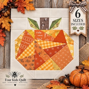May include: A fabric quilt block featuring a pieced pumpkin design in shades of orange, yellow, and brown with green leaves. A wooden tag attached with a brown gingham bow displays the text 6 SIZES INCLUDED. A bee logo and text are visible.
