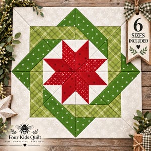 Könnte beinhalten: Ein quadratischer Quiltblock mit einem zentralen achtstrahligen roten Stern mit weißen Punkten, umgeben von grünen Streifen mit Karomuster und Punkten. Der Rand ist weiß mit Schneeflockenmuster. Ein Holzschild trägt die Aufschrift 6 SIZES INCLUDED.