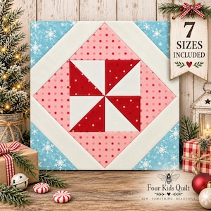 May include: A square quilt block pattern featuring a central red and white pinwheel design surrounded by pink polka dot fabric, white borders, and a light blue background with white snowflakes. Text reads 7 SIZES INCLUDED and Four Kids Quilt.