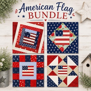 May include: A set of four square fabric quilt blocks featuring American flag designs in red, white, and blue. The patterns include geometric borders, floral accents, and star motifs. The text "American Flag BUNDLE" is displayed above the blocks.