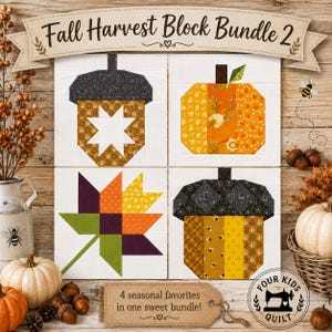 May include: A Fall Harvest Block Bundle 2 quilt pattern set featuring four square blocks: an acorn with a star, a pumpkin, a maple leaf, and a second acorn. The designs use orange, yellow, green, brown, and black fabrics on white backgrounds.