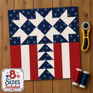 Mönster för quiltblock med amerikansk flagga, stjärnor och ränder | Patriotic Star FPP PDF (digital nedladdning)