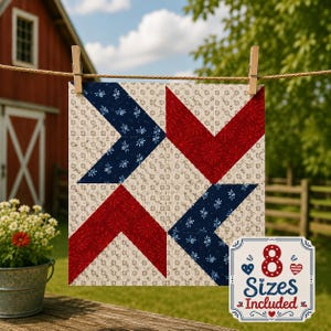 May include: A square fabric quilt block featuring a geometric pinwheel pattern in red, navy blue, and cream with floral and star motifs. A white rectangular label in the corner displays the text 8 Sizes Included with heart icons.