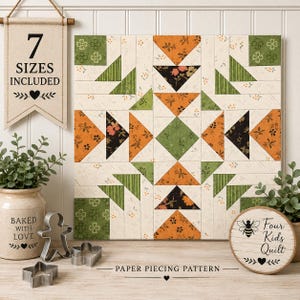Puede incluir: Un patrón de bloque de edredón cuadrado con un diseño geométrico en telas de color naranja, verde, negro y crema. Un cartel colgante muestra el texto 7 SIZES INCLUDED, mientras que un letrero redondo de madera dice Four Kids Quilt PAPER PIECING PATTERN.
