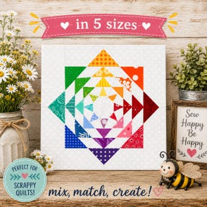 May include: A square quilt block pattern featuring a central star design composed of multi-colored fabric triangles in a rainbow gradient. The background is white with small light gray dots. A pink banner at the top reads in 5 sizes.
