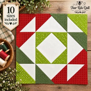 Op de afbeelding: Een vierkant quiltblok met een geometrisch patroon van rode, donkergroene en lichtgroene stoffen stukken met witte accenten. Het ontwerp bevat driehoeken en een centrale ruitvorm. Een bordje toont 10 sizes included en Four Kids Quilt.