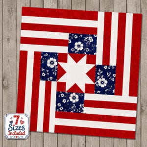 May include: A patriotic quilt block design featuring red and white stripes, blue floral squares, and a white star. The design includes the text "7 Sizes Included" in a decorative frame. The quilt block is displayed on a wooden surface.
