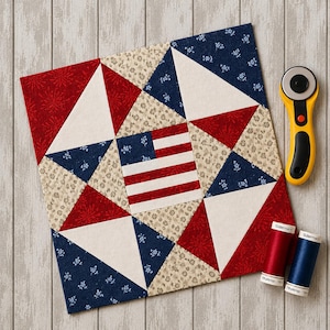 Op de afbeelding: Een patriottisch quiltblok met rode, witte en blauwe stoffen. Het ontwerp bevat driehoeken en een centraal Amerikaans vlagmotief. Een roterende snijder en spoelen met rood en blauw garen zijn ook zichtbaar.