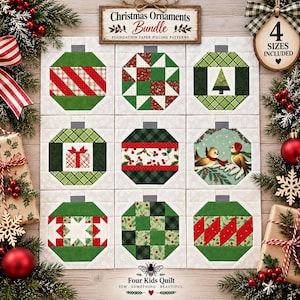 May include: A collection of nine square foundation paper piecing quilt blocks featuring Christmas ornament designs in red, green, and white. Each block displays a unique pattern, including stripes, plaid, a tree, a gift, and birds, with a sign above.