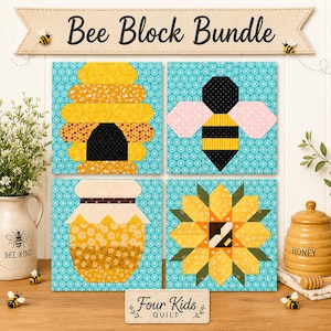 May include: A Bee Block Bundle quilt pattern set featuring four square blocks on a turquoise floral background. The designs include a yellow beehive, a black and yellow bee, a honey jar, and a sunflower. The text reads Bee Block Bundle and Four Kids Quilt.