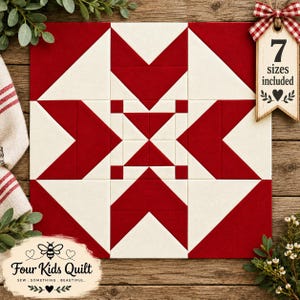 May include: A square quilt block featuring a geometric star pattern in deep red and off-white fabric. A wooden tag attached with a red and white gingham bow displays the text 7 sizes included with a heart icon. A logo reads Four Kids Quilt.