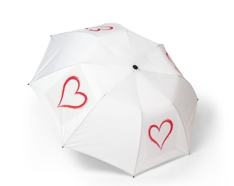 Red Heart Pattern Umbrella | Foldable Semi-Automatic Rain Umbrella