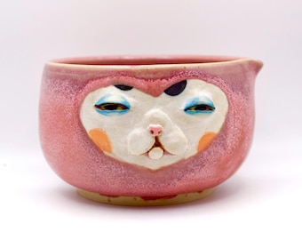 Hand-sculpted Cat Matcha Bowl | Pink Speckled Ceramic Chawan, Whimsical Tea Ritual