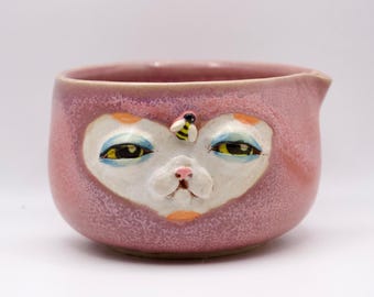 Hand-sculpted Cat Matcha Bowl | Pink Speckled Ceramic Chawan, Whimsical Tea Ritual