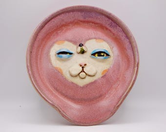 Hand-Sculpted Ceramic Cat Spoon Rest | Whimsical Pink Pottery Kitchen Decor