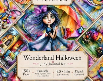 Vintage Halloween Junk Journal Kit, afdrukbare pagina's Gothic Wonderland, kortstondige en plakboekpapier