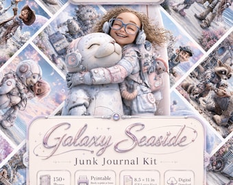 Galaxy Seaside Junk Journal Kit, astronautenmeisje, robot, afdrukbare pagina's Space Beach (digitale download)