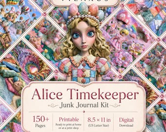 Surreal Alice Timekeeper Junk Journal, Pastel Wonderland Pages Printable Kit