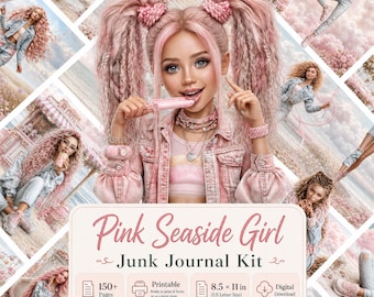 Pink Seaside Girl Junk Journal Kit, Coastal Shabby Chic plakboekpapier (digitale download)
